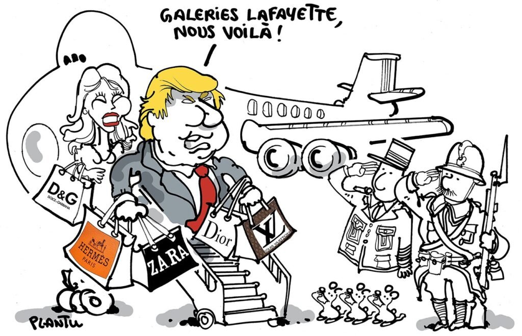 DONALD TRUMP IN PARIS. The cartoon from Le Monde dated July 14.