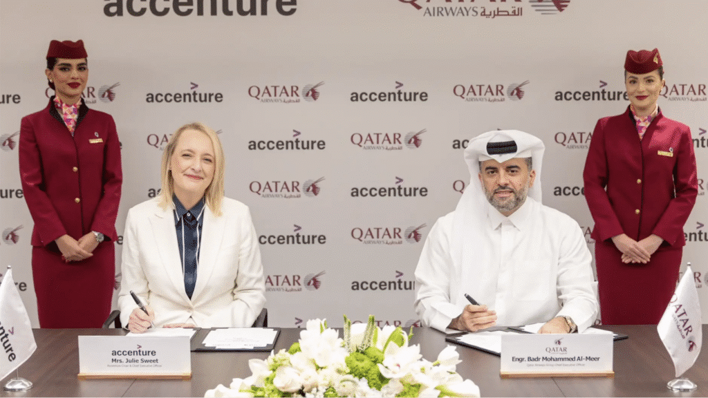 From left to right, Engr. Badr Mohammed Al-Meer, Qatar Airways’ Group CEO, Julie Sweet, Accenture Chair and Chief Executive Officer.
