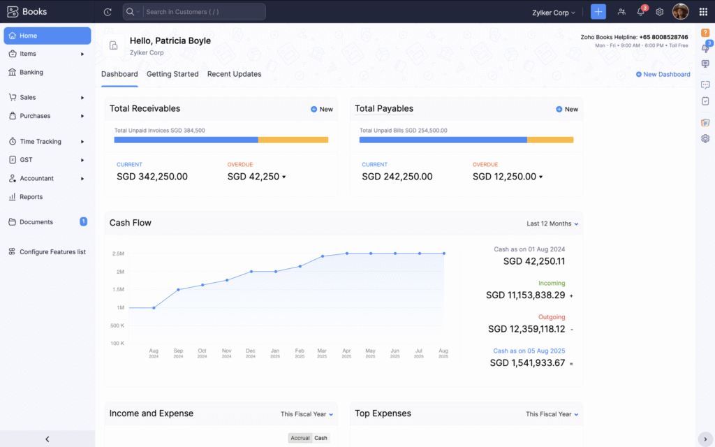 Dashboard in the Singapore edition of Zoho Books