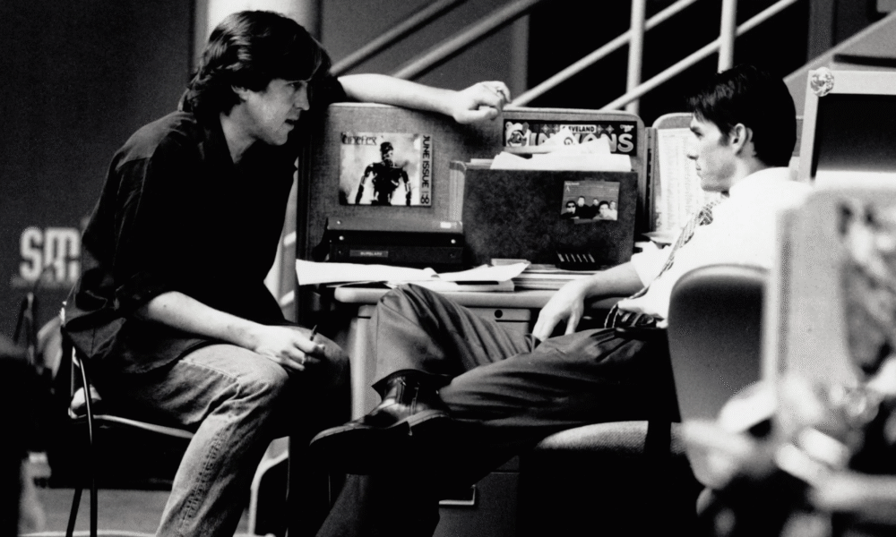 Cameron Crowe with Tom Cruise during Jerry Maguire