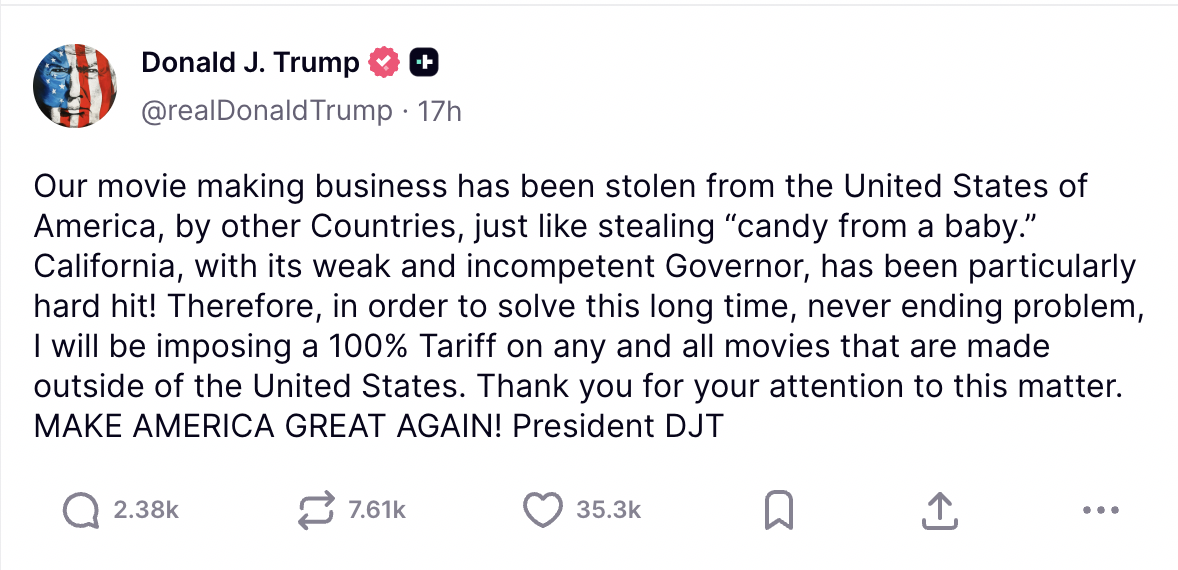 Trump's Truth Social Post - 100% tariff on all movies not produced in the United States