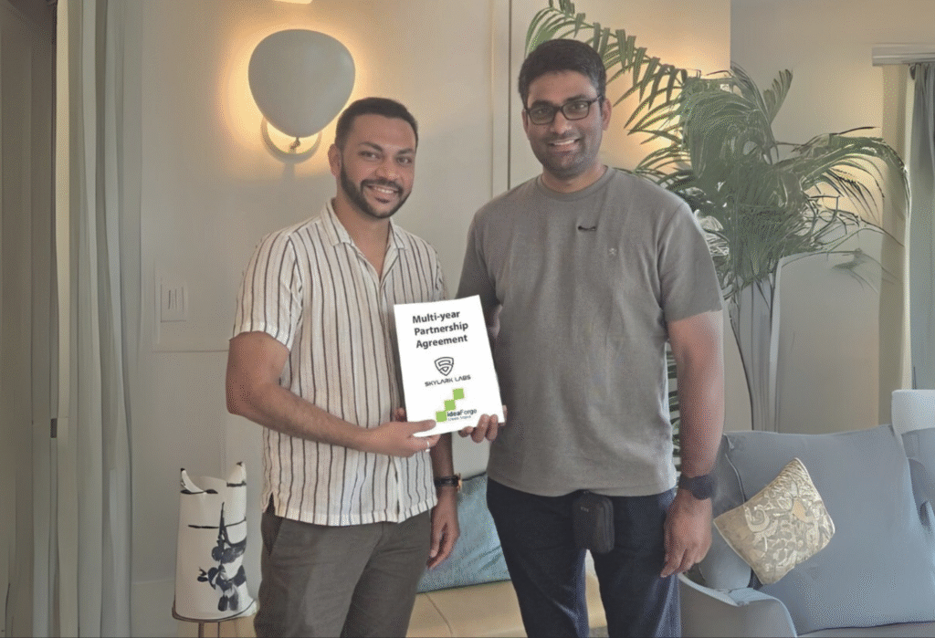 Leaders from Skylark Labs and ideaForge sign a $35M, five-year partnership agreement to scale AI-powered drone operations