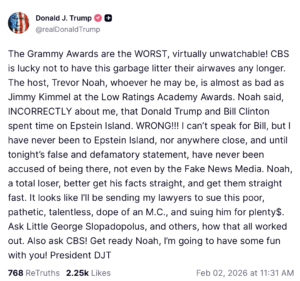 Donald Trump on Truth Social attackig Grammys over Trevor Noah Epstein Island Joke