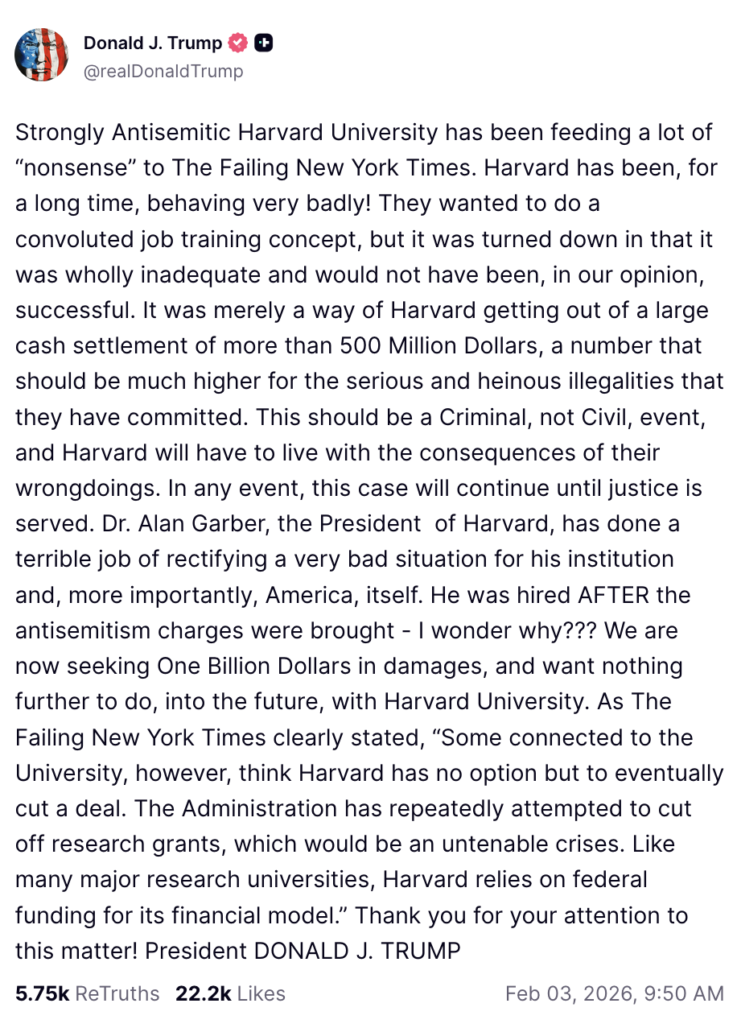 Trump Truth Social Attacks on Harvard University