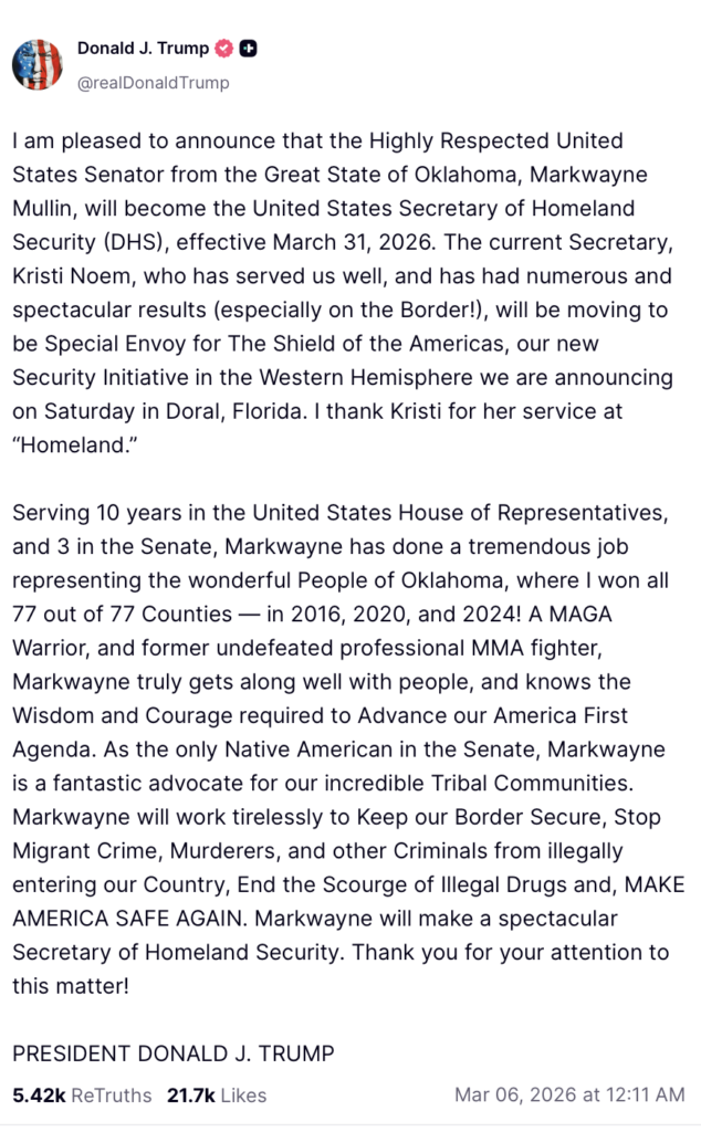 Trump Truth Social Firing of Kristi Noem