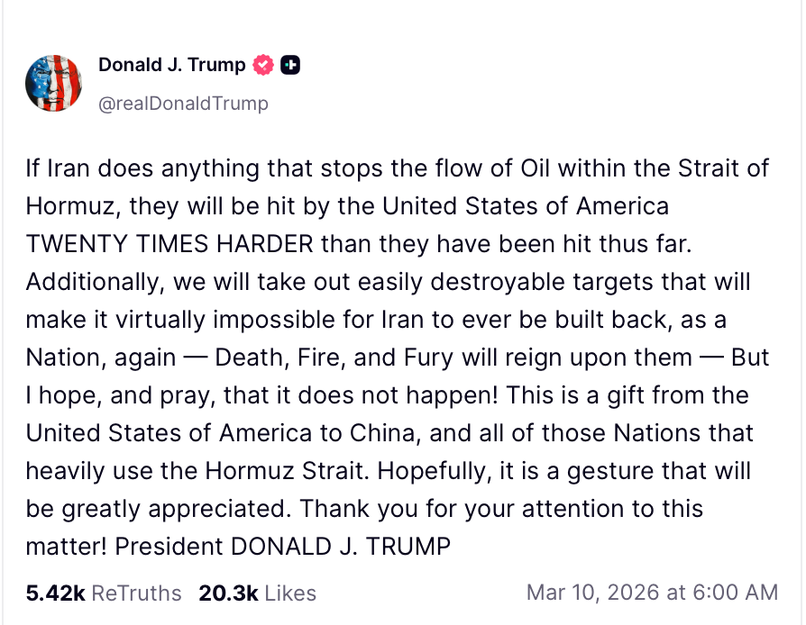 Trump threatening Iran on Truth Social