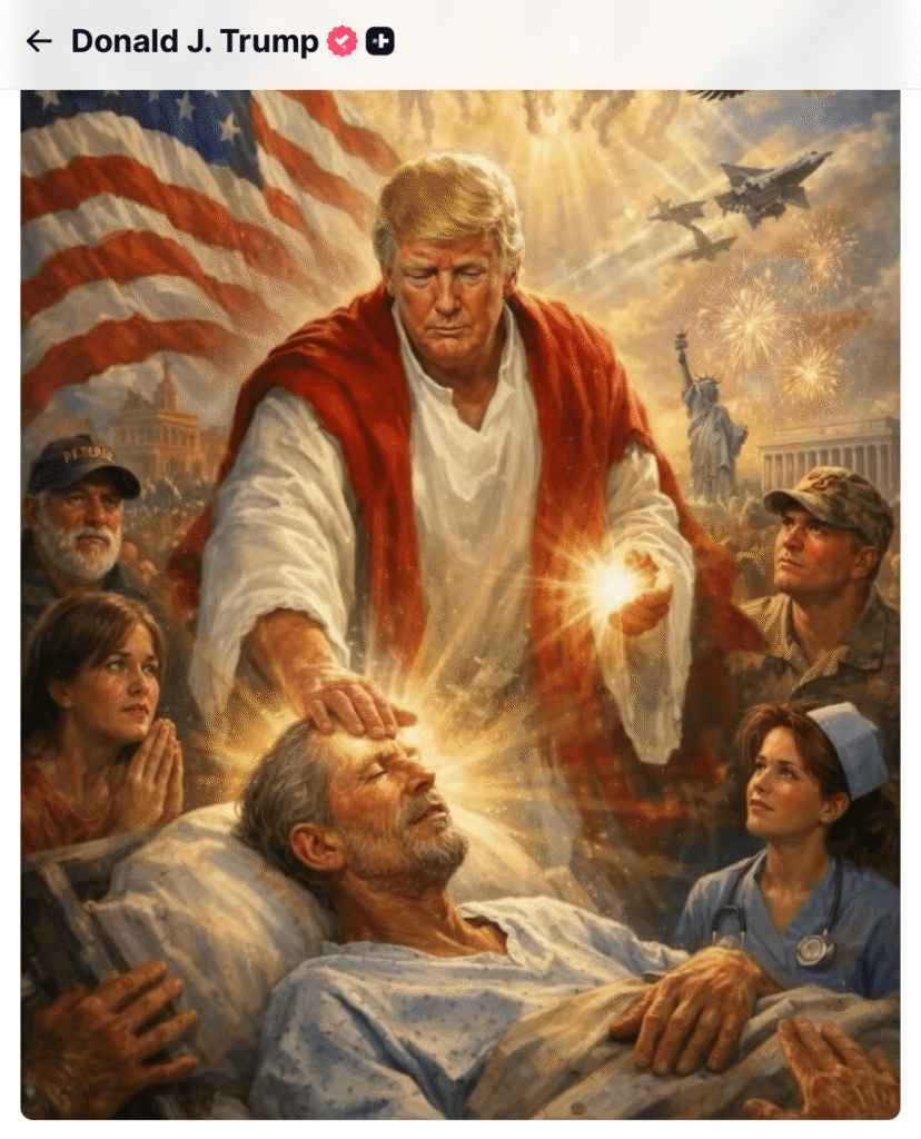 Donald Trump Posts AI Image of Him as Jesus Healing an Epstein Look Alike