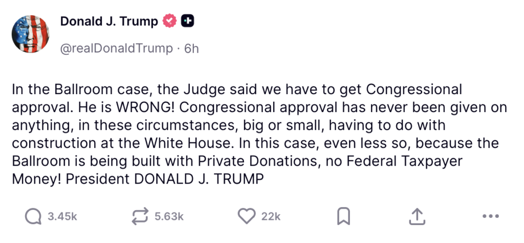 Trump Reacting to Judge Halting Ballroom Work