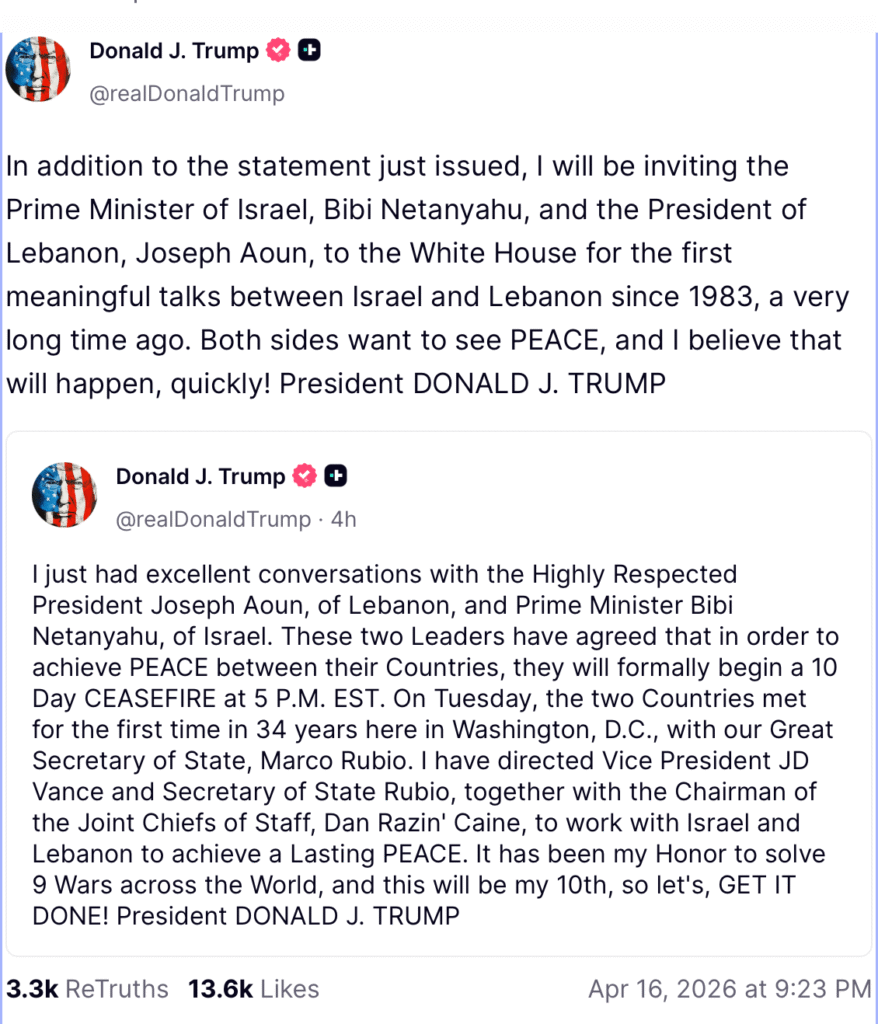 Trump announcing Israel-Lebanon Ceasefire on Truth Social