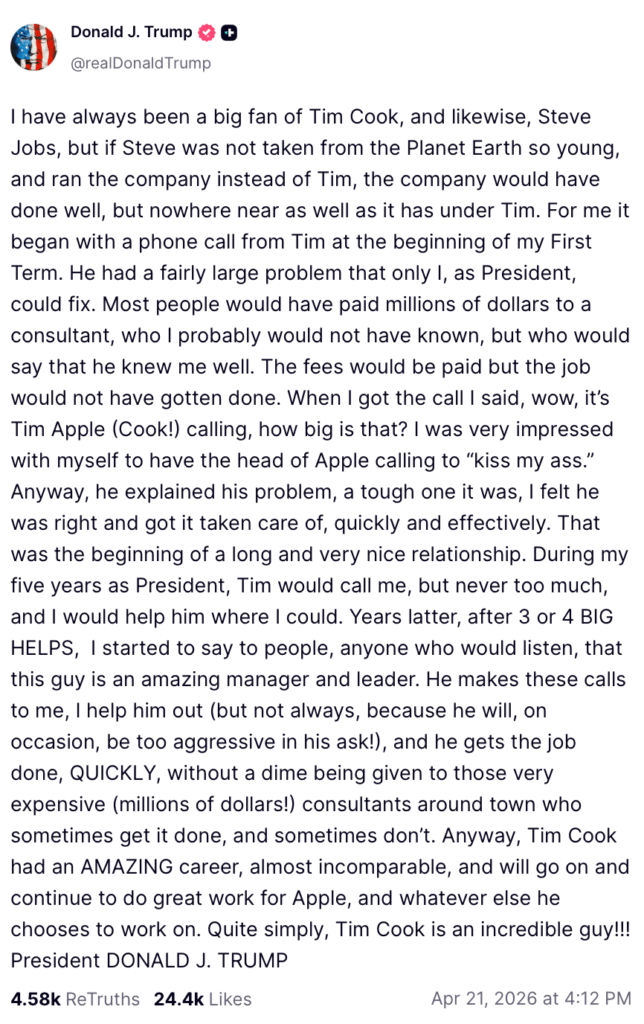Trump on Truth Social About Tim Cook