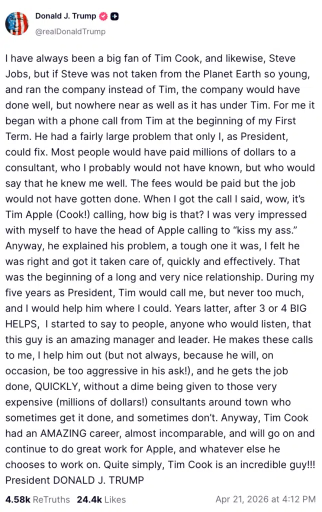 Trump on Truth Social About Tim Cook
