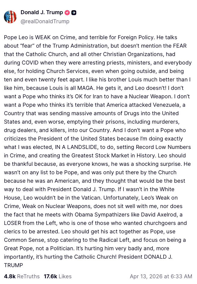 Trump's Passage on Truth Social on Pope Leo