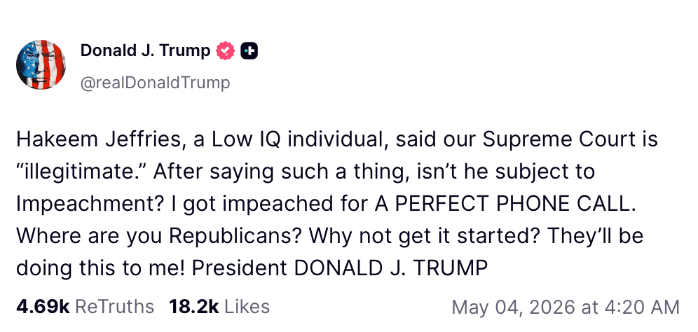 Trump Truth Social Rant over Hakeem Jefferies