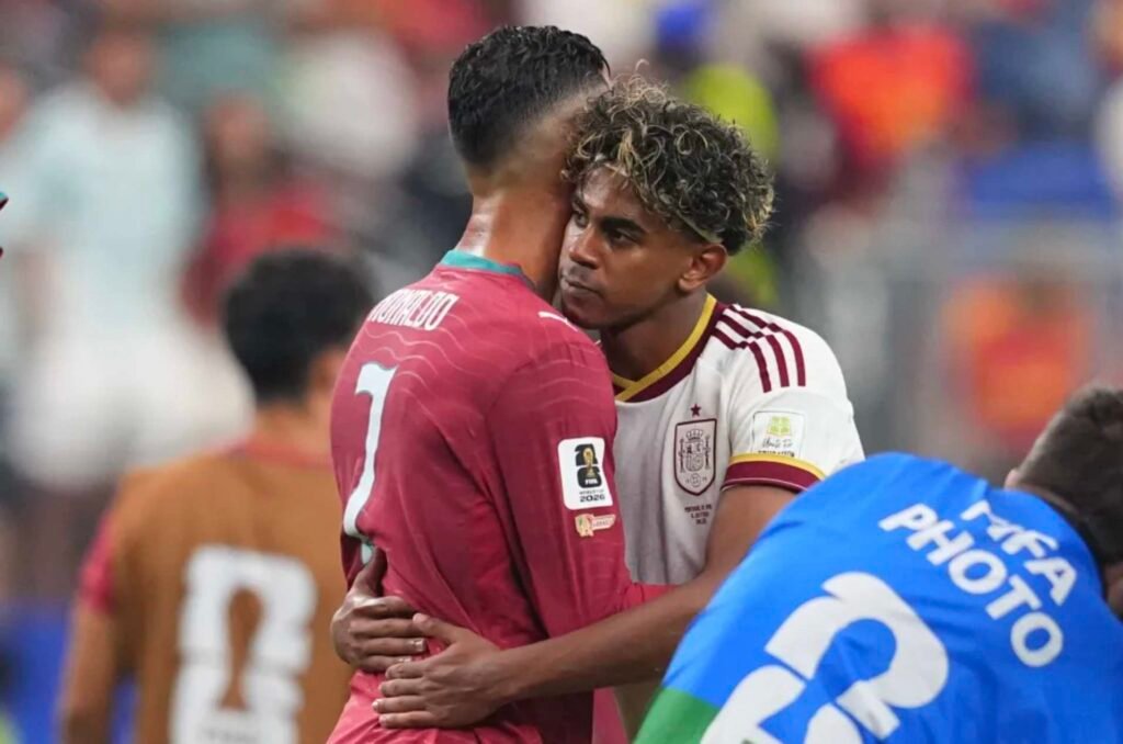 Lamine Jamal with Cristiano Ronaldo after Portugal defeat