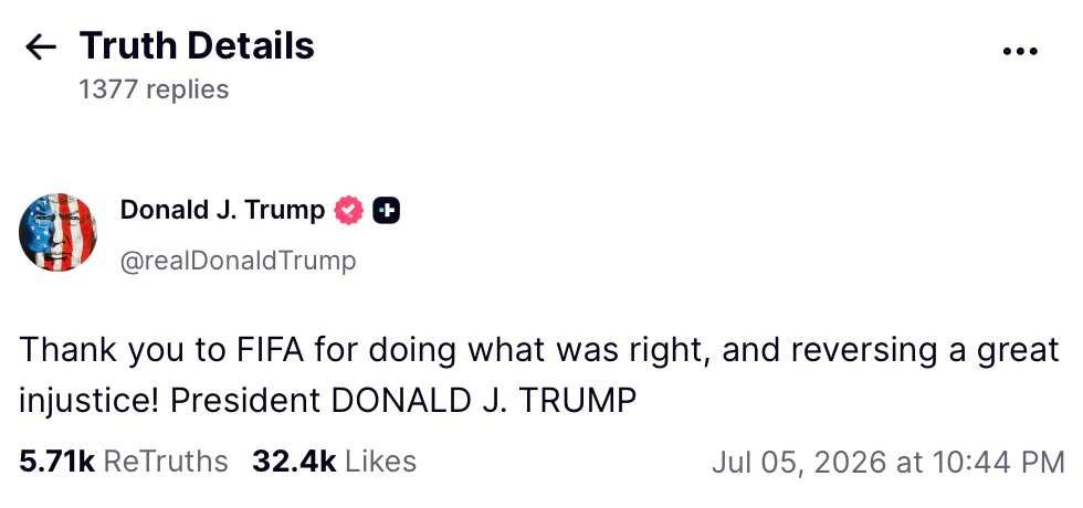 Trump Truth Social Post for FIFA