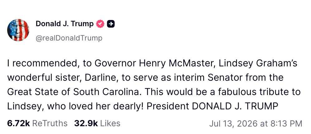 Trump on Truth Social Endorsing Lindsey Graham’s Sister to Fill Senate Seat