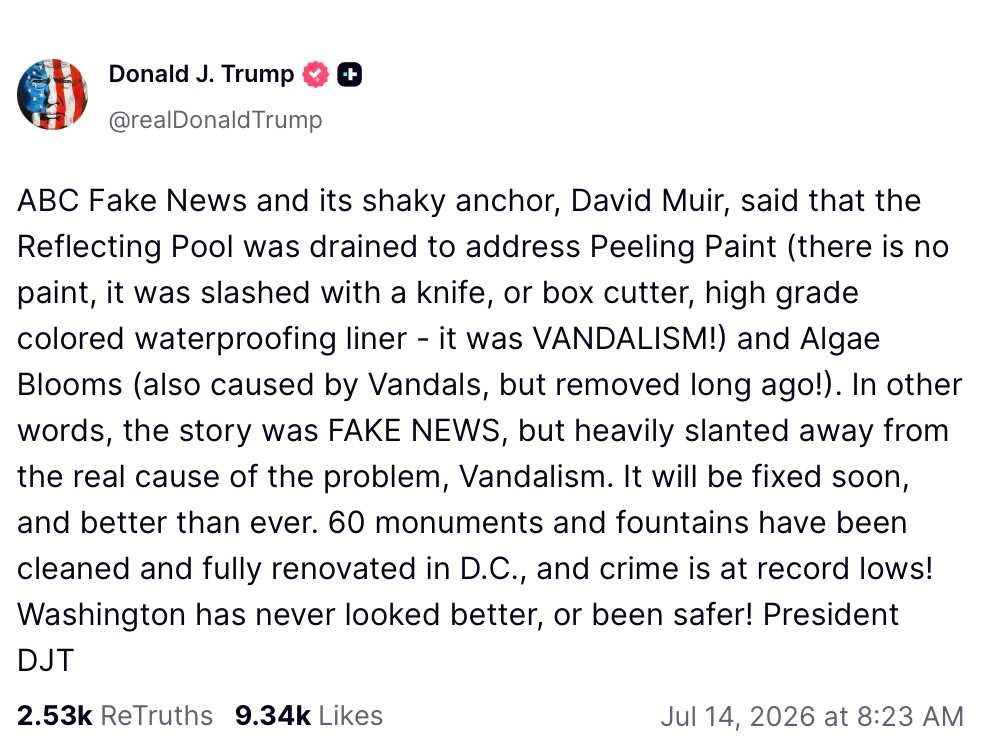 Trump rants on Truth Social over Reflecting Pool vandalism