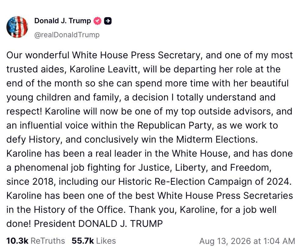 Trump on Truth Social on Karoline Leavitt